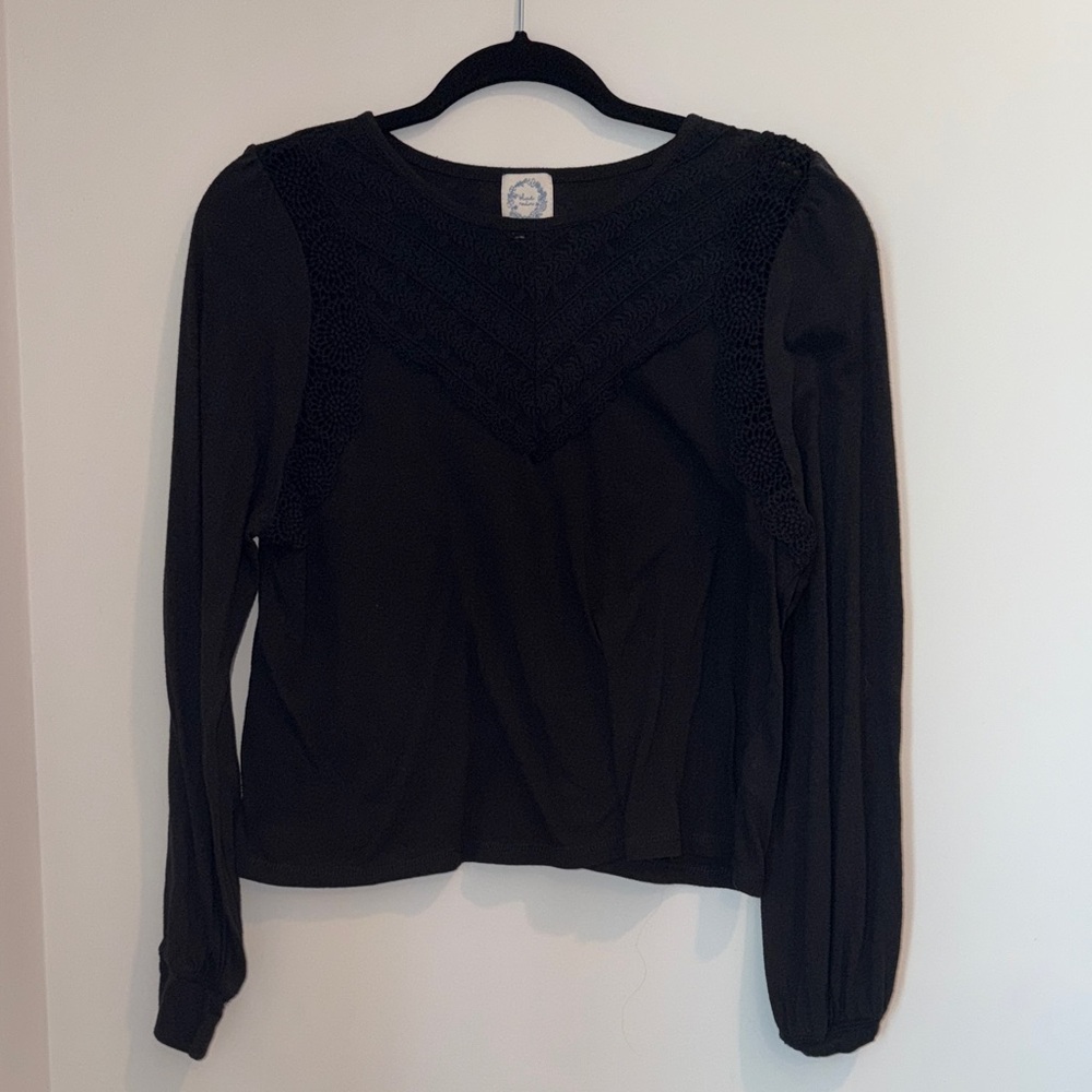 Women's Black Long Sleeve Crochet Yoke Top